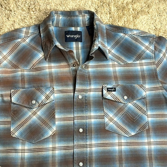 Wrangler Men's 100% Cotton Pearl Snap Shirt, Blue/Brown, Size Large - Picture 1 of 11